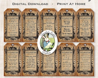 May include: Twelve printable Halloween fortune tags, each 2 inches by 3.5 inches, with a vintage aesthetic. The tags feature various Halloween-themed fortunes and are printed on a brown paper background with black text and borders.