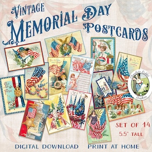 Vintage Memorial Day Postcards, Printable Cards, Printable Patriotic Tags, Digital Download, Set of 14 Cards