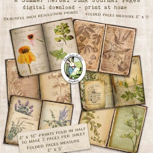 Páginas de ervas de jardim vintage, diário digital de ervas e flores, floral para impressão, coisas efêmeras de scrapbook gasto