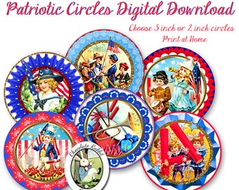 Patriotic 4th of July Circles Vintage Style Digital Download Printable Memorial Day Scrapbook Cupcake Topper Image Clip Art Collage Sheet