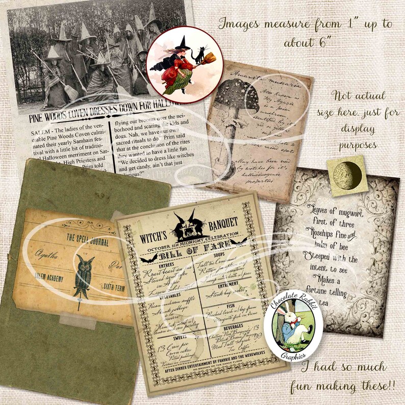 Halloween Witch Ephemera Kit, Junk Journal Digital Download, Vintage Spell Book Clip Art image 3
