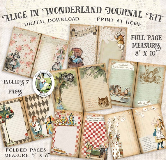 DIY Journal Alice in Wonderland Journal Digital Journal Kit Printable  Journal Pages Mixed Media Art Junk Journal Kit Smash Book 