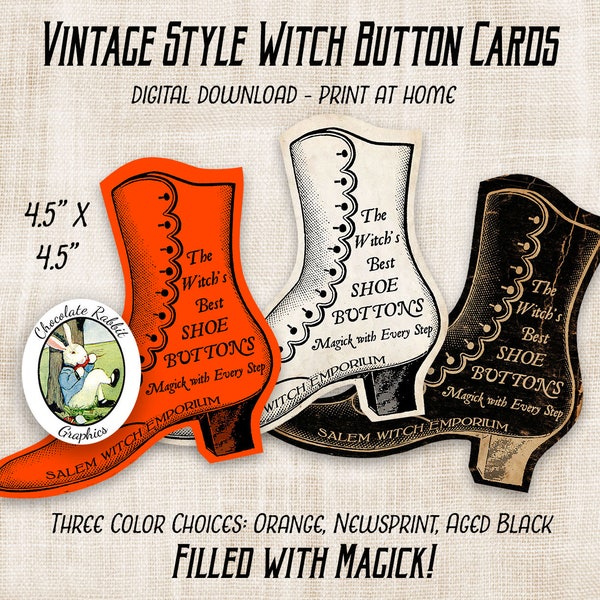 Halloween Witch Shoe Button Card, Printable Halloween Clip Art, Instant Digital Download, Vintage Shoe Card