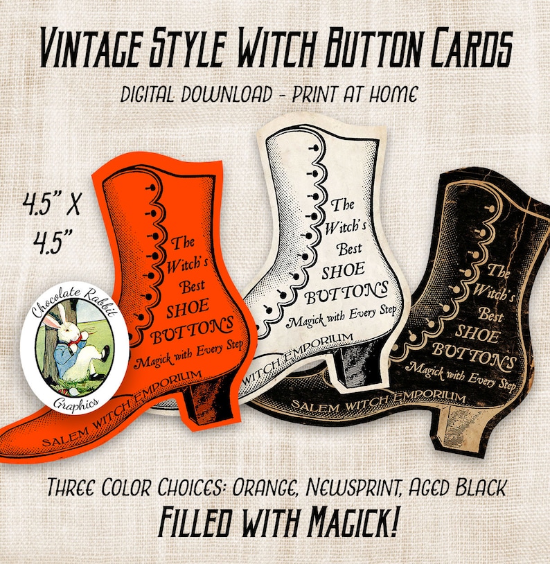 Halloween Witch Shoe Button Card, Printable Halloween Clip Art, Instant Digital Download, Vintage Shoe Card image 1