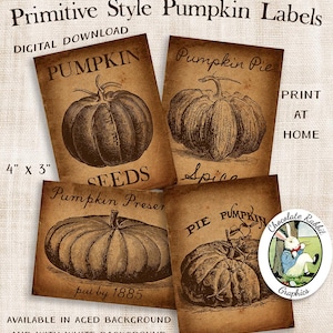 Vintage Style Pumpkin Labels, Digital Primitive Labels, Printable Country Kitchen Decor for Fall