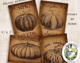 Vintage Style Pumpkin Labels, Digital Primitive Labels, Printable Country Kitchen Decor for Fall