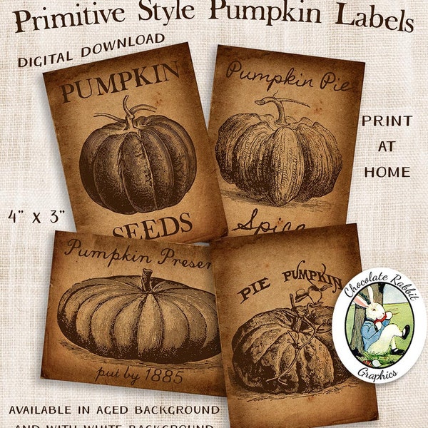 Etiquetas de calabaza de estilo vintage, etiquetas primitivas digitales, decoración de cocina campestre imprimible para el otoño