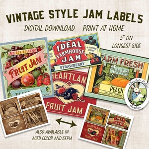 Vintage Style Jam Labels, Printable Jam Tags, Jelly Jar Labels, Digital Download, Country Kitchen Art, Digital Ephemera, Craft Labels