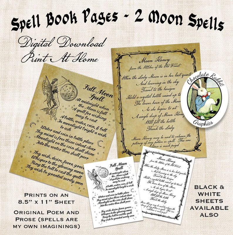 Spell Book Pages Halloween Witch Book of Shadows Digital Download Vintage Style Printable Art Image Clip Art Scrapbook Sheet Graphic Print