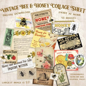 Vintage Bee Collage Sheet, Digital Junk Journal Ephemera, Honey Labels, Printable Scrapbook Clip Art