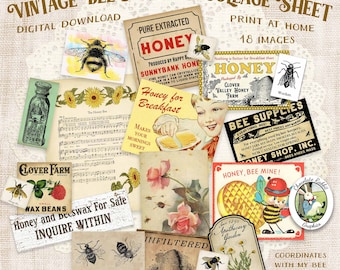 Vintage Bee Collage Sheet, Digital Junk Journal Ephemera, Honey Labels, Printable Scrapbook Clip Art