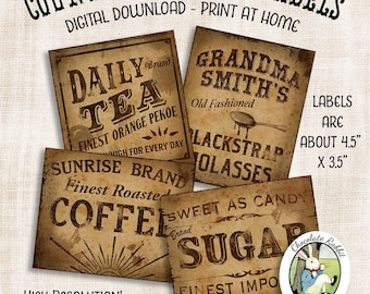 Coffee Tea Labels, Digital Country Pantry Primitive Clipart, Prim Crafts