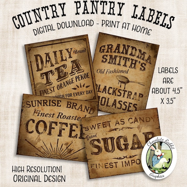 Coffee Tea Labels, Digital Country Pantry Primitive Clipart, Prim Crafts