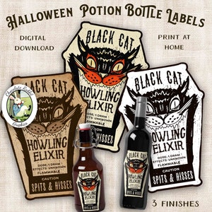 Halloween Black Cat Potion Bottle Label, Witch Ephemera, Party Decor, Decorations