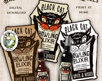 Halloween Black Cat Potion Bottle Label, Witch Ephemera, Party Decor, Decorations