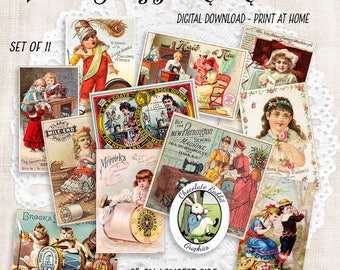 Sewing Trade Cards, Digital Vintage Victorian Stitching Thread Clip Art, Printable Antique Images