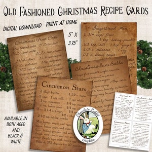 Primitive Christmas Recipe Cards, Printable Vintage Holiday Recipes, Christmas Clip Art, Junk Journal Cards