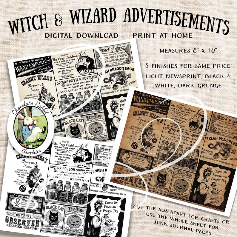 Halloween Witch Advertisement Sheet, Halloween Junk Journal Ephemera, Scrapbook Clip Art, Wizard Party Placemat image 1