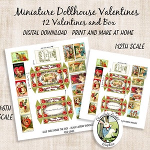 Set di scatole di biglietti di San Valentino fai da te in miniatura per casa delle bambole, cartoline di San Valentino stampabili con download digitale, mini scatola in scala 12, scala 12, scala 6