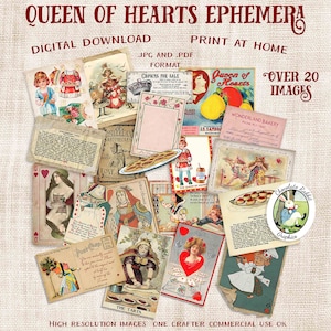 Queen of Hearts Vintage Style Ephemera, Valentine Digital Scrapbook Clip Art, Printable Junk Journal Images