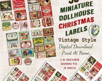 30 Dollhouse Miniature Vintage Style Christmas Labels Digital Download Printable Original Clip Art Jar Bottle Tag Image Collage Sheet