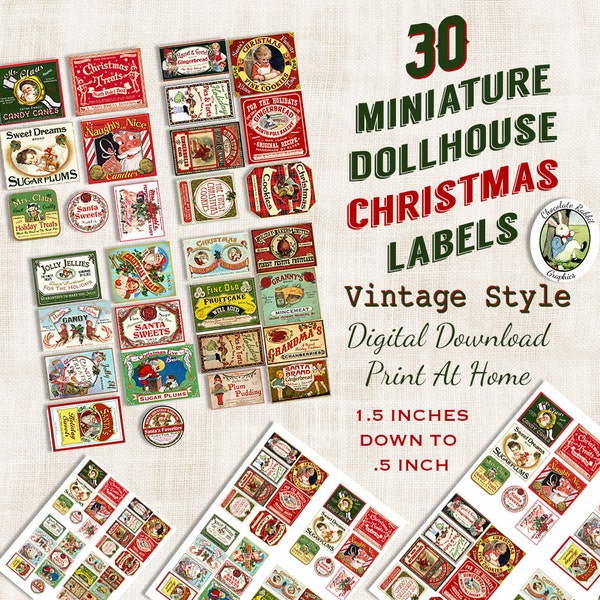 30 Dollhouse Miniature Vintage Style Christmas Labels Digital Download Printable Original Clip Art Jar Bottle Tag Image Collage Sheet