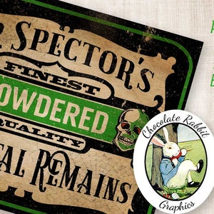 May include: A vintage-style label with green and black text that reads "Dr. Spector's Finest Powdered Quality Skeletal Remains". The label has a distressed look and features two green skull illustrations. The text "Perfect for Potion Bottles" appears in green text above the label.