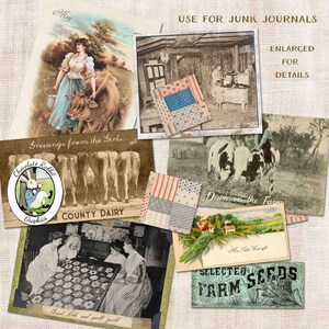 May include: A collection of vintage images featuring farm scenes, including cows, a farmhouse, and a quilt. The images are perfect for use in junk journals or other craft projects. The text on the images includes "Greetings from the Girls at County Dairy", "Down on the Farm", and "Selected Farm Seeds".