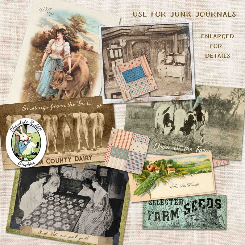 May include: A collection of vintage images featuring farm scenes, including cows, a farmhouse, and a quilt. The images are perfect for use in junk journals or other craft projects. The text on the images includes "Greetings from the Girls at County Dairy", "Down on the Farm", and "Selected Farm Seeds".