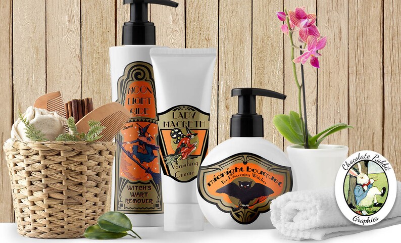 May include: Three bottles of liquid soap with Halloween-themed labels. The labels feature witches, bats, and the text "Moon Light Side", "Lady Macbeth Vanishing Creme", and "Midnight Bouquet for Discerning Witches". A white orchid plant in a white pot and a white towel are also in the image.