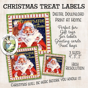 Santa Christmas Candy Treat Label, Vintage Style Digital Download,  Printable Gift Tag, Scrapbook and Journal Clip Art