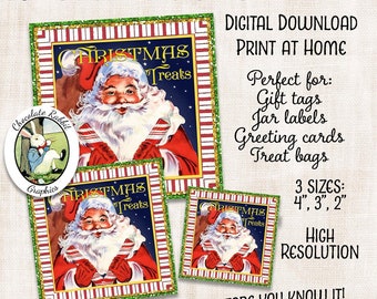 Santa Christmas Candy Treat Label, Vintage Style Digital Download,  Printable Gift Tag, Scrapbook and Journal Clip Art