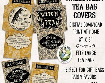 Halloween Tea Bag Covers Wrappers Fortune Teller Vintage Witch Digital Download Printable Clip Art Gift Tag Graphic Image Collage Sheet