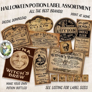 Halloween Potion Label Assortment, Digital Download, Vintage Style Apothecary Labels, Witch Potions, Halloween Clipart