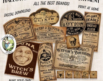 Halloween Potion Label Assortment, Digital Download, Vintage Style Apothecary Labels, Witch Potions, Halloween Clipart