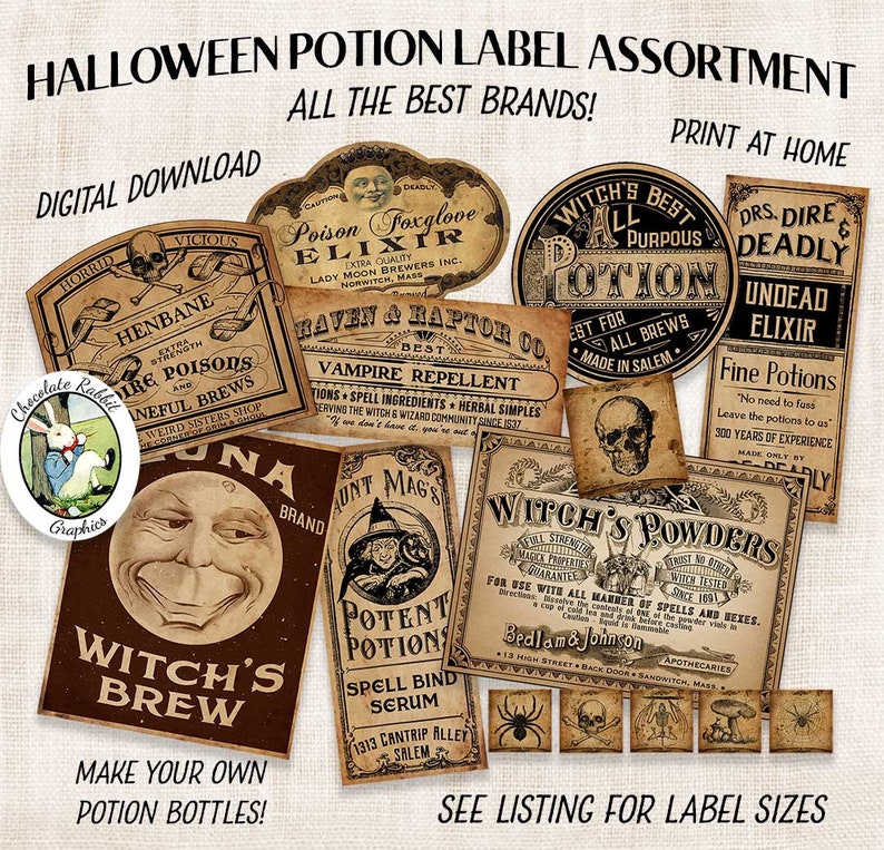 May include: A digital download of printable Halloween potion labels featuring vintage-style designs with spooky illustrations and text. The labels include names like "Henbane", "Vampire Repellent", "Witch's Brew", and "Undead Elixir".