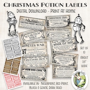 Christmas Potion Apothecary Bottle Labels Jar Tags Vintage Style Digital Download Printable Clip Art Collage Graphics Image Sheet