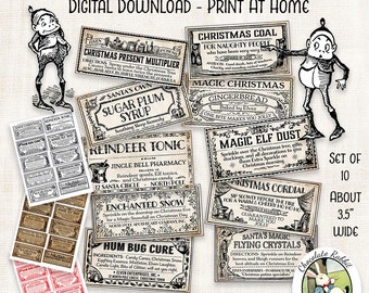 Può includere: Set di 10 etichette per pozioni natalizie stampabili, ciascuna larga circa 8,9 cm. Le etichette presentano illustrazioni e testo in stile vintage, come "Moltiplicatore di regali di Natale", "Sciroppo di prugne zuccherate", "Tonico per renne", "Polvere magica degli elfi" e "Carbone di Natale".