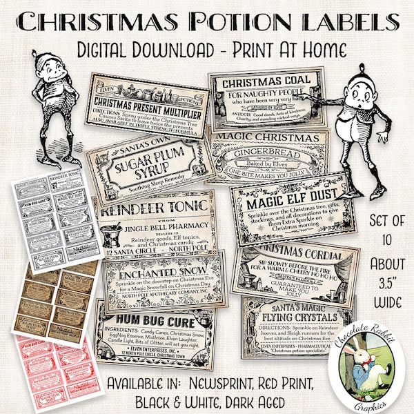 Christmas Potion Apothecary Bottle Labels Jar Tags Vintage Style Digital Download Printable Clip Art Collage Graphics Image Sheet