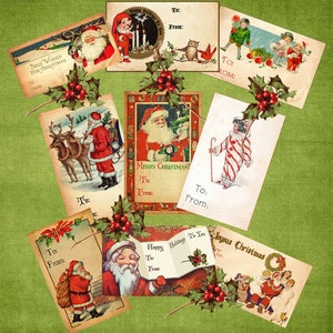 Vintage Christmas Gift Tags Digital Download Printable Collage Sheet Santa Clip Art Labels Scrapbook Graphic Images