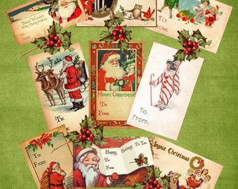 Vintage Christmas Gift Tags Digital Download Printable Collage Sheet Santa Clip Art Labels Scrapbook Graphic Images