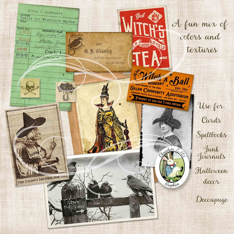 Halloween Witch Ephemera Kit, Junk Journal Digital Download, Vintage Spell Book Clip Art image 2