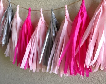Pink, silver Tassel Garland / tassels,  tassle garland - Tissue Paper garland- ANY COLOR you choose , hot pink, blush