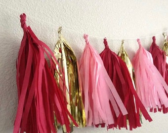 Red Tassel Garland -  on Twine- Customize your Colors and length - tassle garland ,red,gold, pink, Valentine’s Day , valentine, galentine