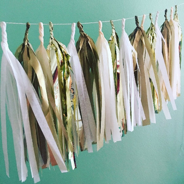 Tassel Garland -  on Twine- Customize your Colors and length - tassle garland , metallic gold, ivory, white, shiny gold