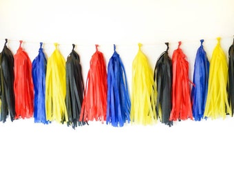 Tassle Garland- / tassel garland / tassel banner  Tissue Paper garland- ANY COLOR you choose , super hero theme, red, yellow, blue, black