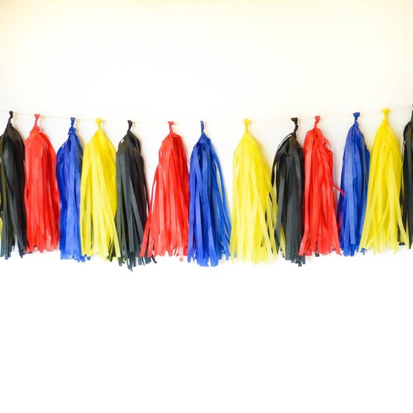 Tassle Garland- / tassel garland / tassel banner  Tissue Paper garland- ANY COLOR you choose , super hero theme, red, yellow, blue, black