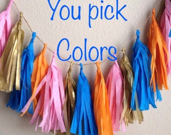 Tassel Garland / tassle garland / tassel banner  Tissue Paper garland- ANY COLOR you choose , orange pink blue