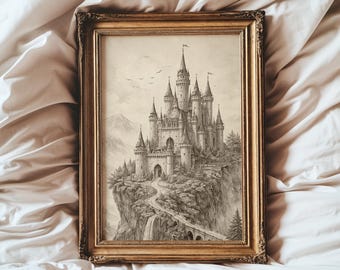 Märchenschloss Wall Art Print, Vintage Sketch, Fantasy World Dekor, Kinderzimmer Wanddekoration, Cottagecore Art, Märchenbuch Thema