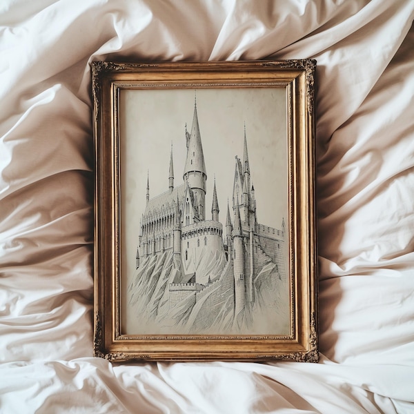 Muurkunst tovenaarsschool | Fantasieposter | Gotisch kasteel | Literaire wanddecoratie | Magische muurprint | Nerdcore-decor | Vintage bibliotheekkunst